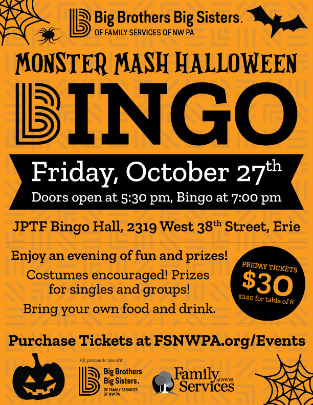 Monster Mash Halloween Bingo to benefit Big Brothers Big Sisters of Family Services of NW PA